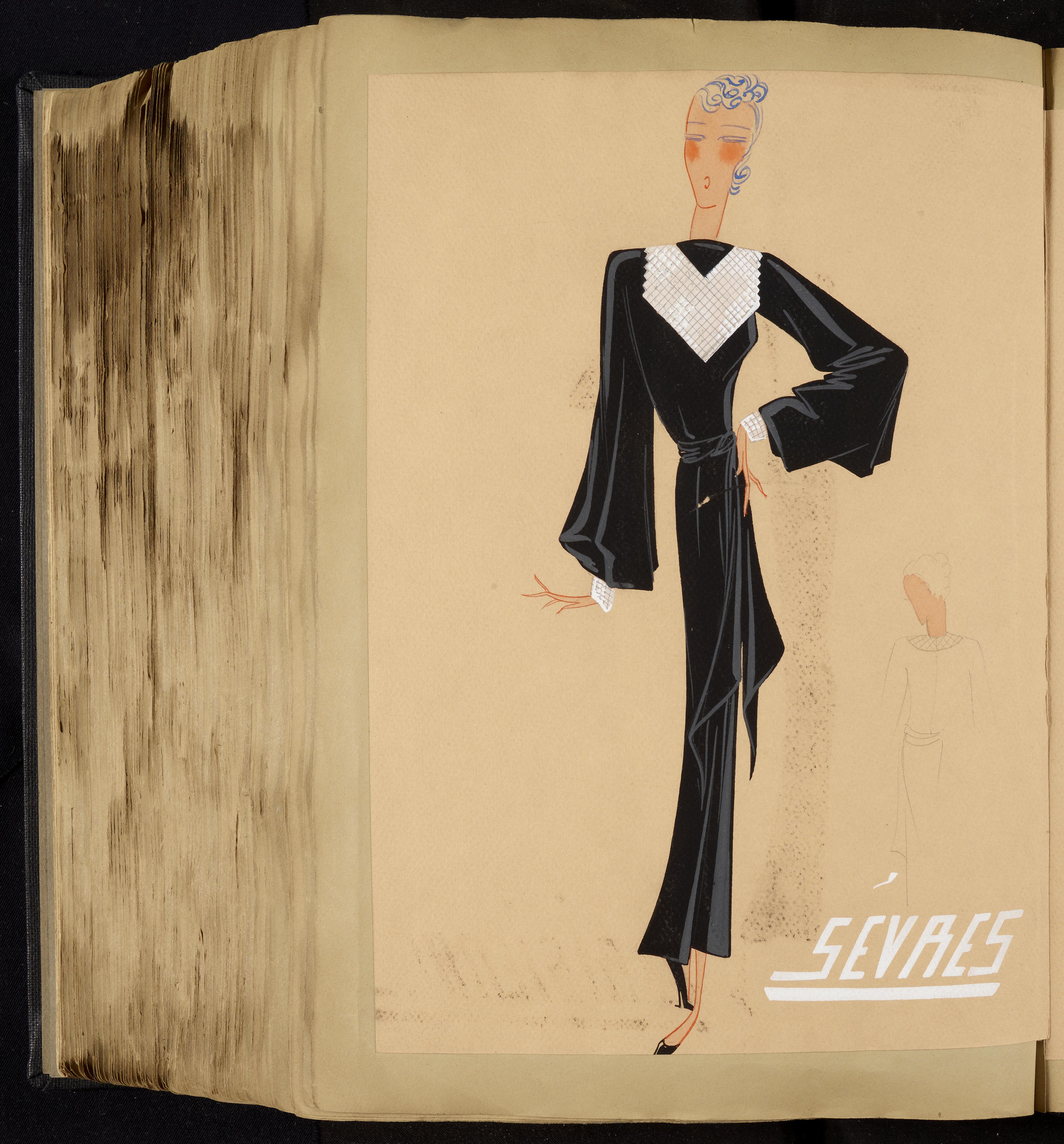 Robe du soir "Sèvres", 1934-1935. Illustration originale à la gouache, extraite de l'album Collection 1934-1935, réalisée dans les ateliers Lanvin.