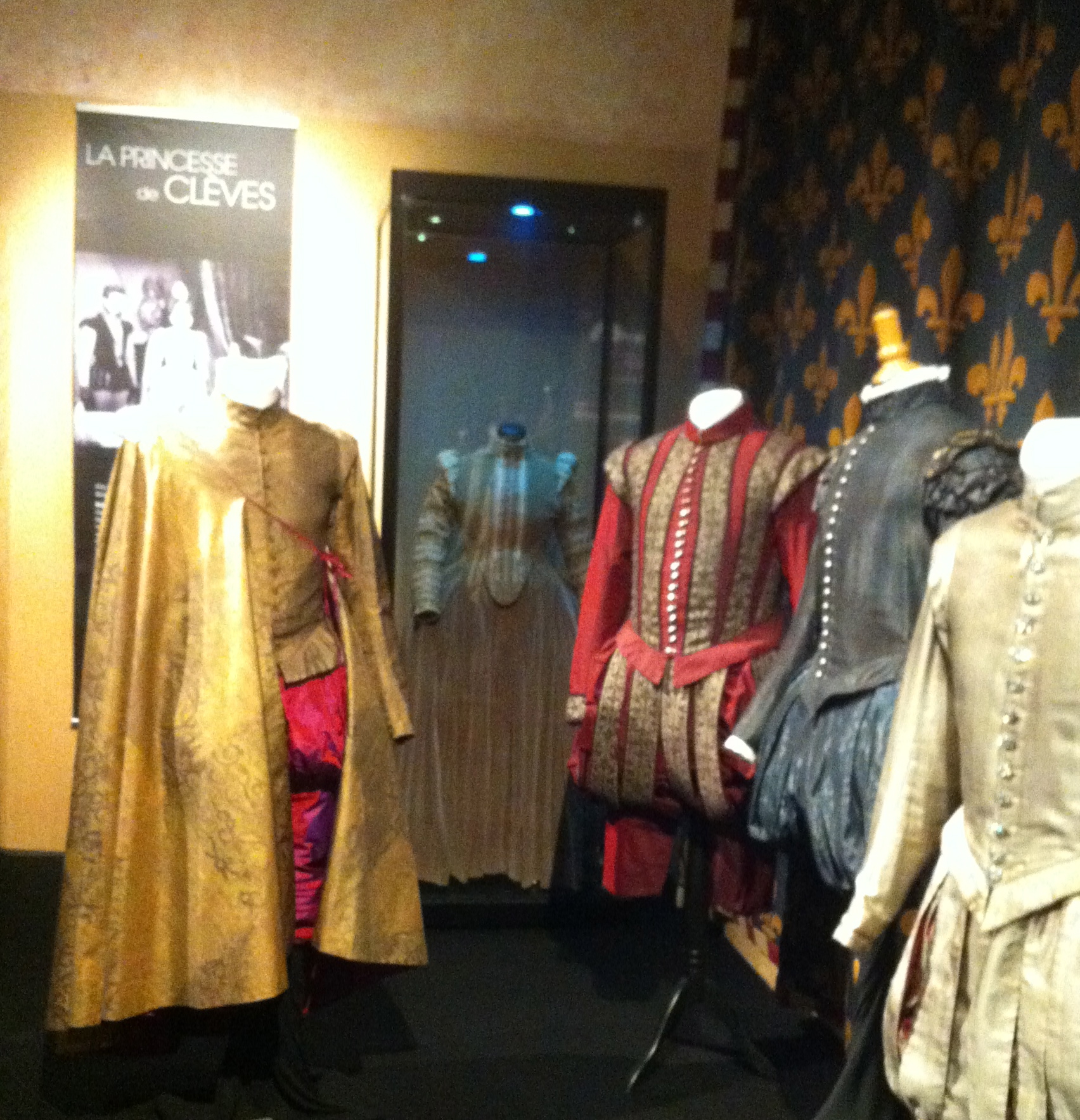 Dans la dernière salle, protégés dans des vitrines, les plus vieux costumes de l'exposition se mêlent à la trame de "La Reine Margot", les costumes de "La Princesse de Clèves", un film franco-italien réalisé par Jean Delannoy d'après le roman éponyme de Madame de La Fayette (1961).