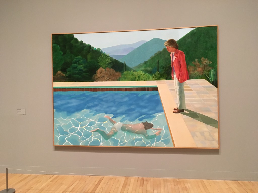 This painting know s two versions. Hockney decided to water down the disproportionate curves of the swimming body.